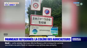 Seine-Maritime: en colère, des agriculteurs retournent des panneaux