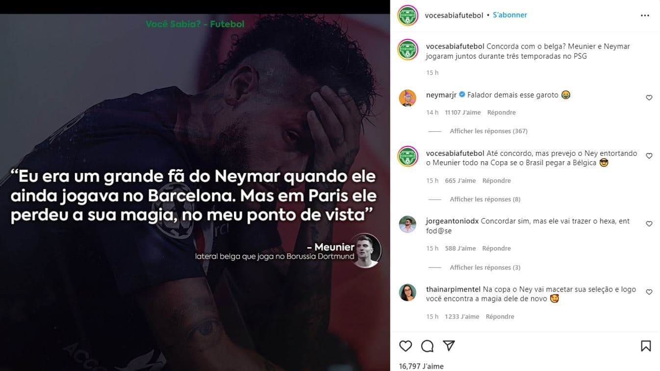 Le message de Neymar en direction de Thomas Meunier sur Instagram
