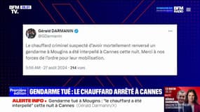 Gendarme tué à Mougins: le suspect "interpellé à Cannes", annonce Gérald Darmanin 