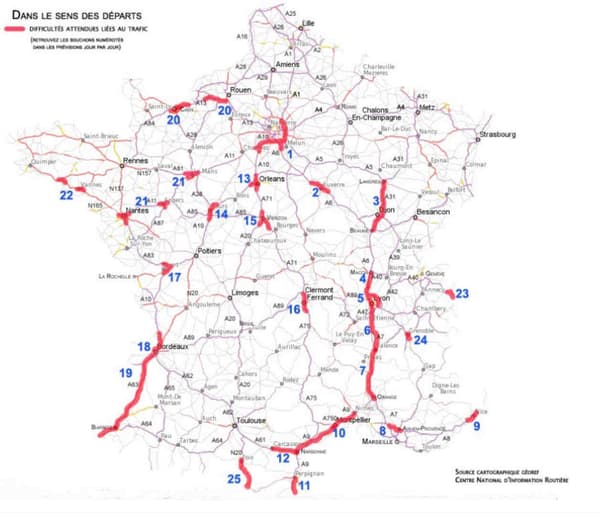 Carte des départs de Bison Futé pour les 17, 18 et 19 juillet. Carte des départs de Bison Futé pour les 17, 18 et 19 juillet.