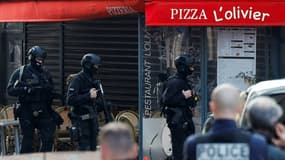 Des policiers devant la pizzeria où un homme s'est retranché à Issy-les-Moulineaux, près de Paris, le 16 novembre 2024