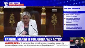 Le Rassemblement national "n'entend pas entraîner le pays dans le chaos", avance Marine Le Pen à la tribune de l'Assemblée nationale
