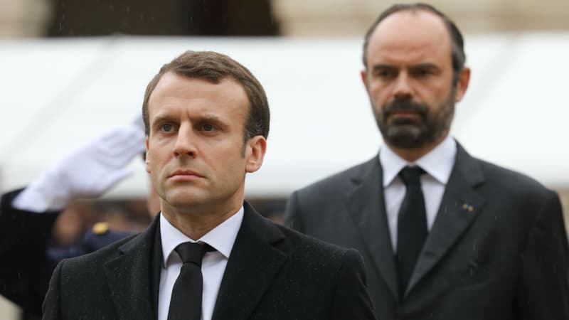 Emmanuel Macron et Edouard Philippe lors de la cérémonie en hommage à Arnaud Beltrame, le 28 mars 2018