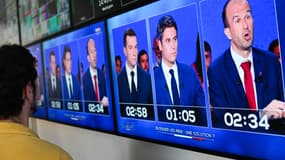 Jordan Bardella, Gabriel Attal et Manuel Bompard avant un débat sur TF1 le 25 juin 2024