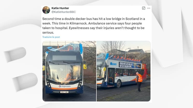 Écosse: un bus à impériale heurte un pont, quatres personnes hospitalisées