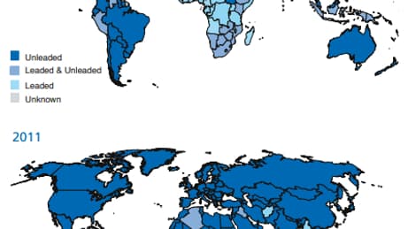 Les pays utilisant de l'essence avec du plomb dans le monde en 2002 et 2011