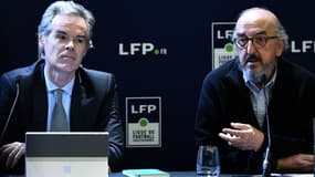 Julien Bergeaud et Jaume Roures, dirigeants de Mediapro, à Paris le 12 décembre 2019