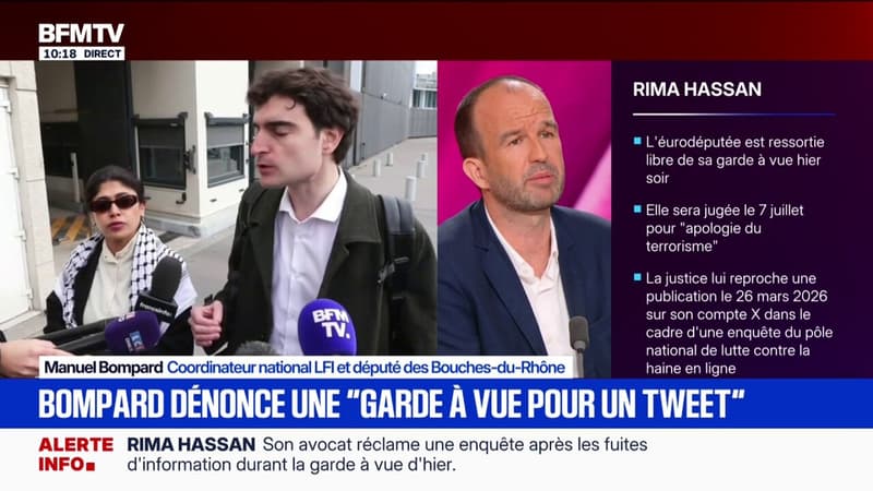 Garde à vue de Rima Hassan: Manuel Bompard dénonce "des fuites policières et judiciaires" qui "visent à salir La France insoumise"