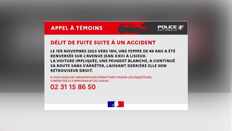 Calvados: une sexagénaire renversée par une voiture à Lisieux, la police lance un appel à témoins