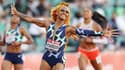 Sha'Carri Richardson célèbre sa victoire au 100m aux sélections américaines pour les Jeux Olympiques de Tokyo, au Hayward Field le 19 juin 2021 à Eugene, dans l'Oregon