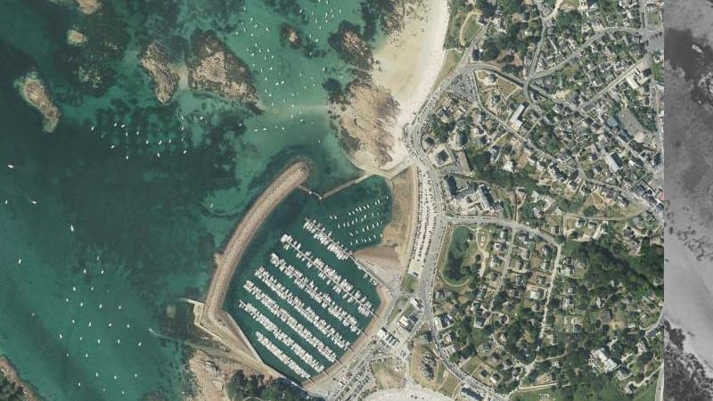 La commune de Trebeurden dans les Cotes d'Armor. A gauche, en 2015 à droite, dans les années 50. Entre les deux époques, un port a été construit en béton. La commune de Trebeurden dans les Cotes d'Armor. A gauche, en 2015 à droite, dans les années 50. Entre les deux époques, un port a été construit en béton.