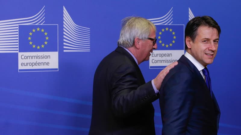 Le président de la Commission européenne Jean-Claude Juncker (à gauche) et le Premier ministre italien Giuseppe Conte (à droite).