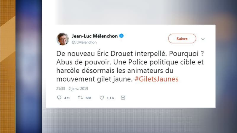 Le tweet publié par Jean-Luc Mélenchon, ce mercredi, à la suite de l'interpellation d'Éric Drouet.