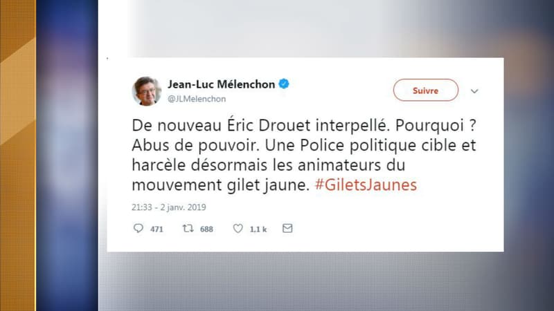 Le tweet publié par Jean-Luc Mélenchon, ce mercredi, à la suite de l'interpellation d'Éric Drouet.