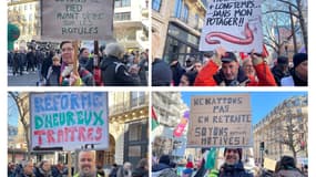 Jeux de mots, dessins, figures de style... Les pancartes étaient variées mardi lors du 3e jour de mobilisation contre la réforme des retraites.