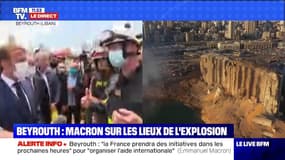 Emmanuel Macron salue le travail des pompiers français et libanais sur les lieux de l'explosion à Beyrouth