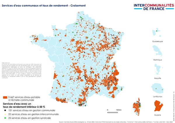 Cartes des "points noirs" de la gestion de l'eau potable en France, où 198 lieux sont jugés défaillants, infographie publiée le 20 mars 2024.