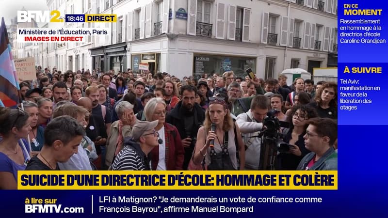Suicide Caroline Grandjean: des manifestants lisent la lettre de la conjointe de la directrice d'école, qui s'est suicidée après avoir été victime de harcèlement homophobe