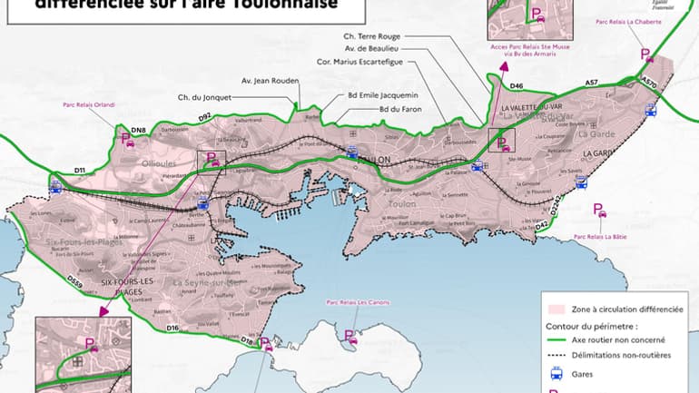 La zone de circulation différenciée utilisant les vignettes Crit'Air de l'aire toulonnaise, à partir du 1er juin 2023.