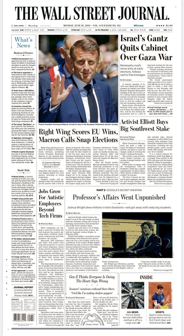 La Une du Wall Street Journal du lundi 10 juin 2024