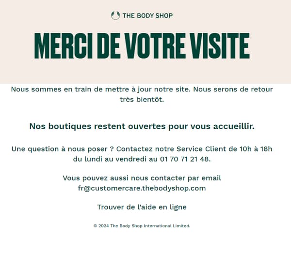Il n'est plus possible de commander d'articles sur le site français de The Body Shop le 7 mars 2024