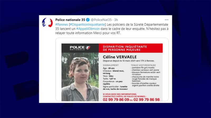 Céline Vervaele a disparu depuis samedi 13 mars 2021.