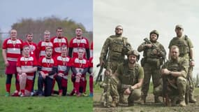 À gauche, des joueurs de l'équipe de rugby de Kryvy Rih, avant la guerre en Ukraine. Nombre d'entre eux sont devenus soldats pour défendre l'Ukraine. À droite, des joueurs devenus soldats dans une unité de reconnaissance par drone, déployée dans le Donbass, posent, le 24 mai 2023.