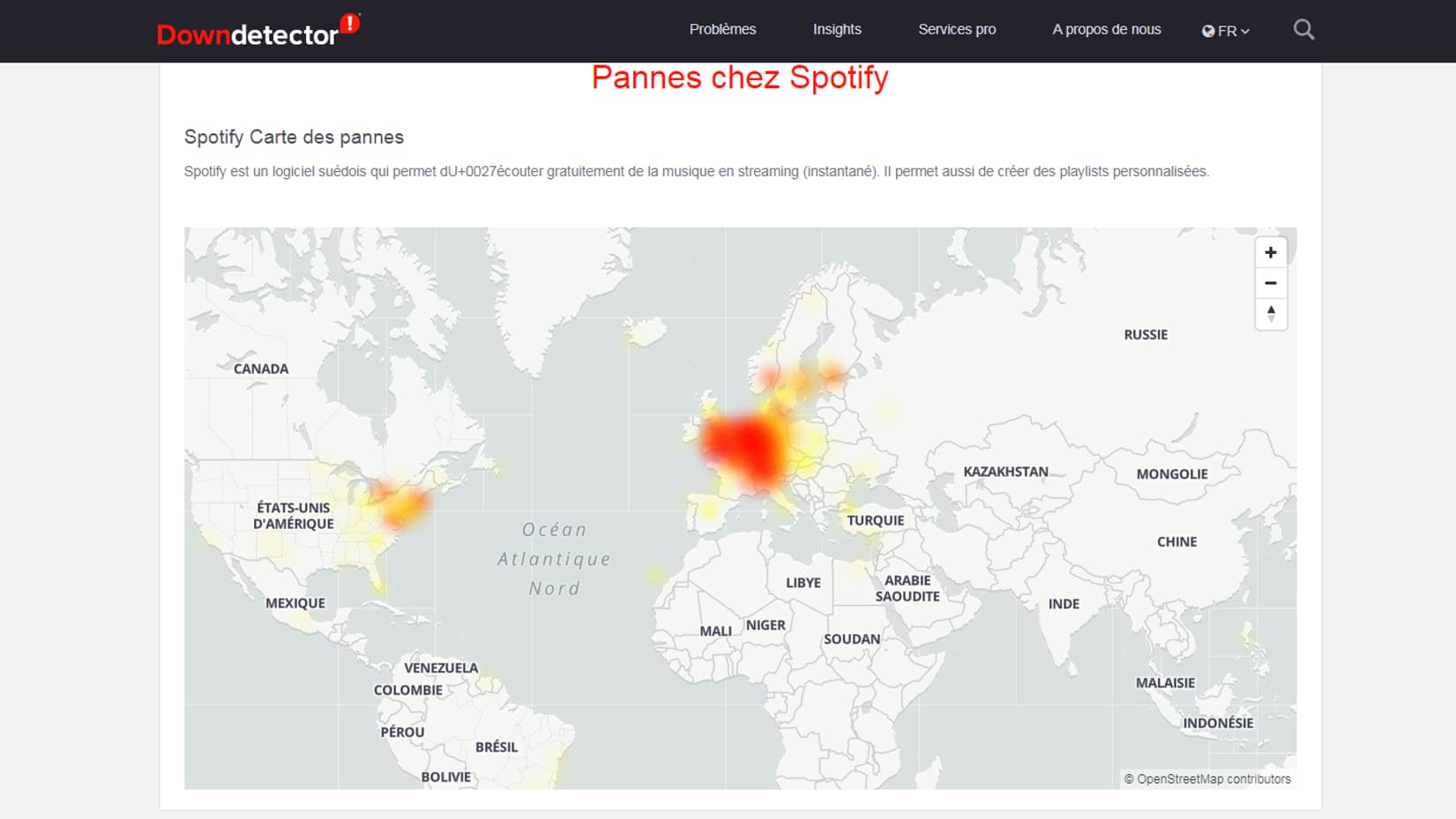 La carte des pannes sur Spotify, vendredi 10 juillet à 14 heures