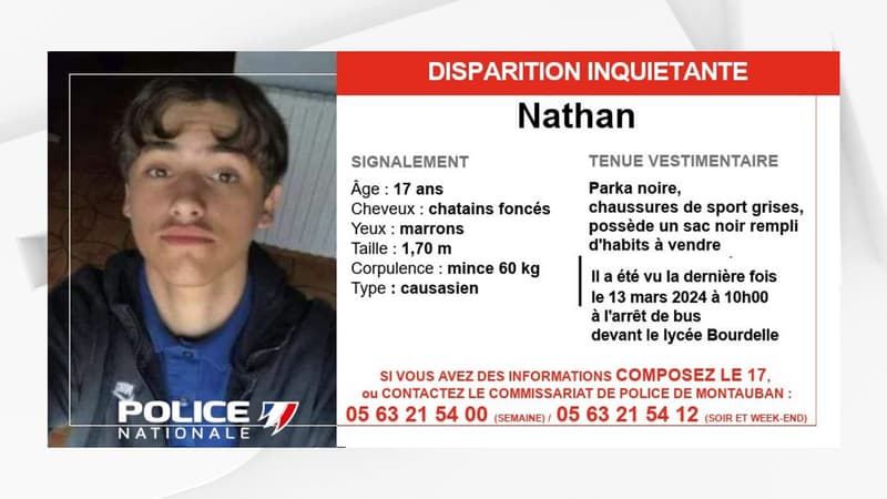 Nathan, 17 ans, a disparu près de Montauban le 13 mars 2024