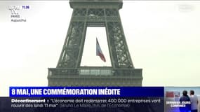 8-Mai: un drapeau français pavoisé en haut de la tour Eiffel