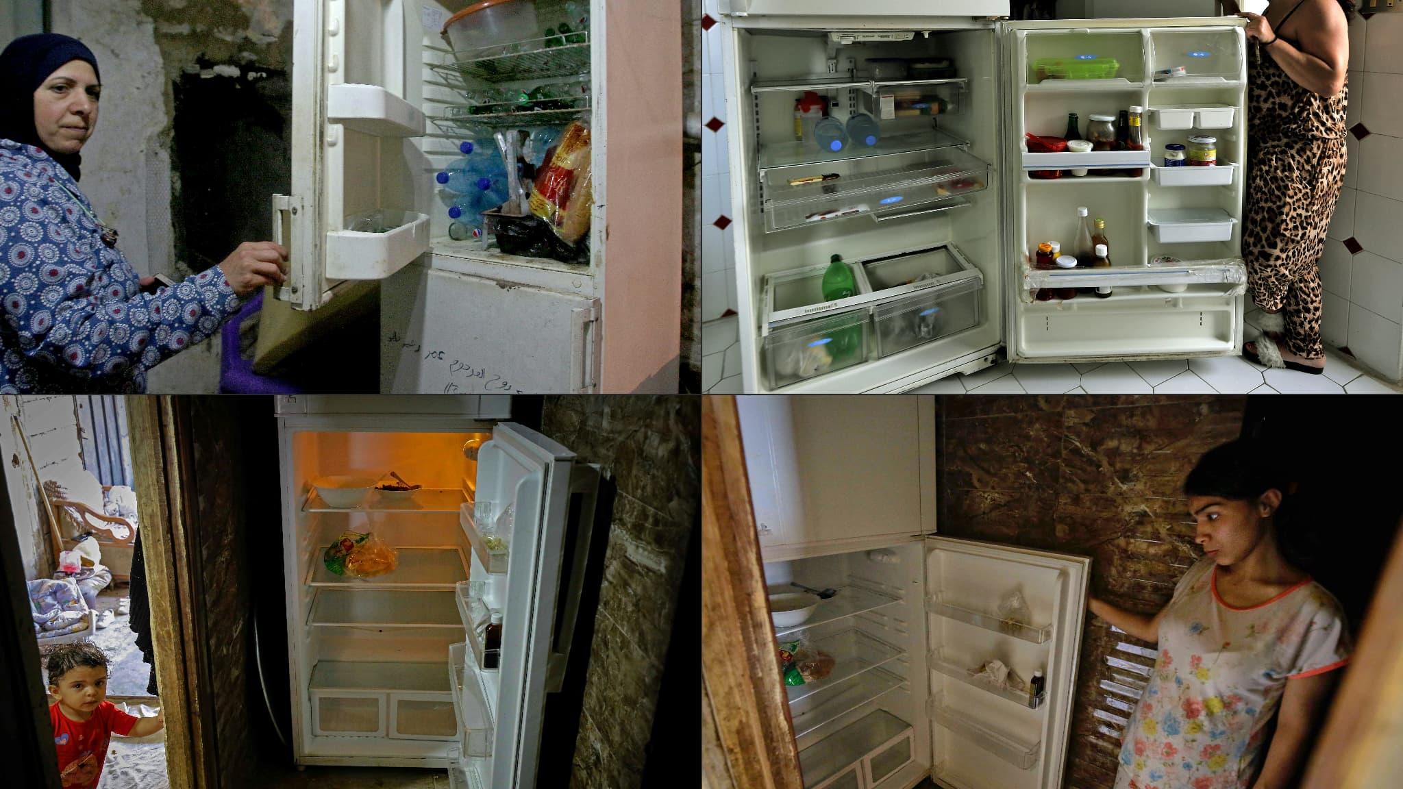 Des libanais posent devant des frigo vides pour les photographes de l'AFP Des libanais posent devant des frigo vides pour les photographes de l'AFP