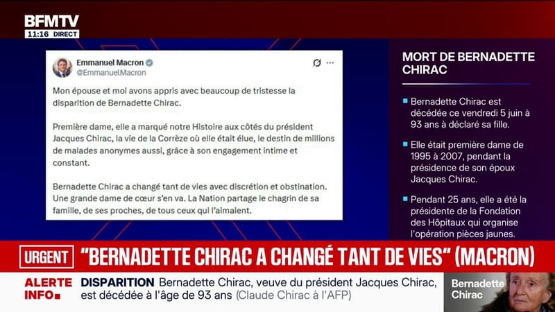 "Bernadette Chirac a changé tant de vies": Emmanuel Macron salue "une grande dame de cœur"