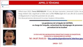 La gendarmerie de Castries (Hérault) a lancé un appel à témoins pour retrouver Maëva, 5 ans, et sa mère Fanny Birenbaum, 31 ans qui sont introuvables depuis mars. 