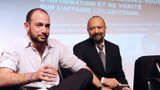 Itzik Zeitouni, le père de Lee Zeitnou, et le petit ami de la jeune femme, Roï Peled, lors d'un point presse à Paris, le 6 février 2012.