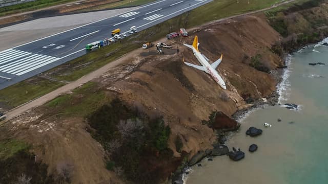 Après sa sortie de piste, un avion de la Pegasus Airlines a failli s'échouer en mer.