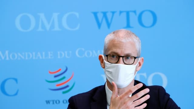 Le ministre chargé du commerce extérieur Franck Riester, au siège de l'Organisation mondiale du commerce (OMC) à Genève, le 1er avril 2021