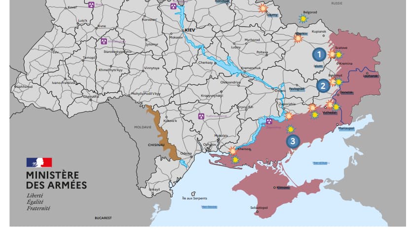 Guerre en Ukraine, carte fournie par le Ministère des armées français, 5 au 7 juillet 2023
