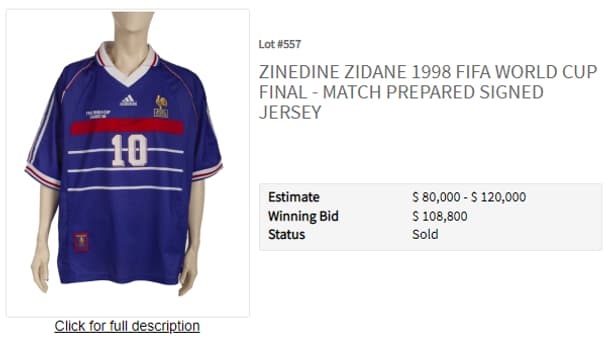 Le maillot de Zidane de France-Brésil 98 vendu 100.000 euros