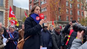 Sophie Binet, la patronne de la CGT, à une manifestation contre l'ouverture à la concurrence des bus de la RATP à Saint-Ouen (Seine-Saint-Denis), le 12 novembre 2024. 
