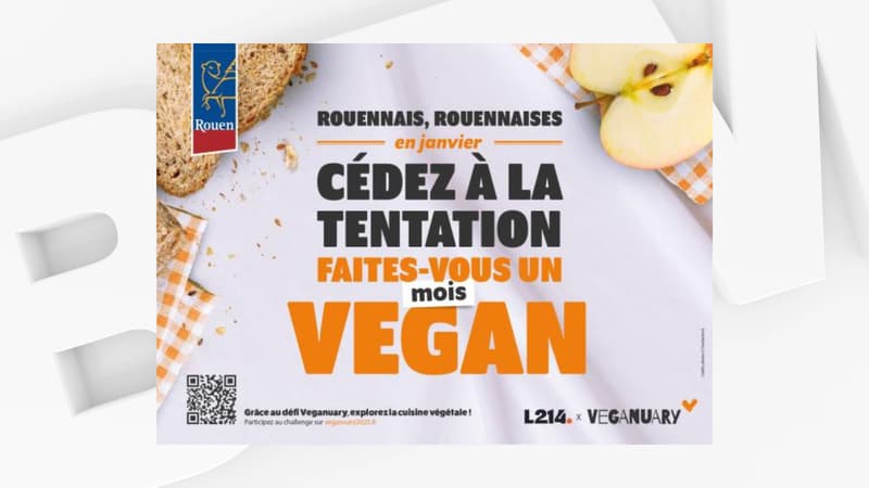 L'affiche de la campagne du "défi Veganuary" auquel participe la mairie de Rouen en collaboration avec l'association L214, publiée le 6 janvier 2024.