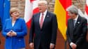 La chancelière allemande Angela Merkel, le président des Etats-Unis Donald Trump et le président du Conseil italien Paolo Gentiloni, le 26 mai 2017 à Taormina en Sicile. 