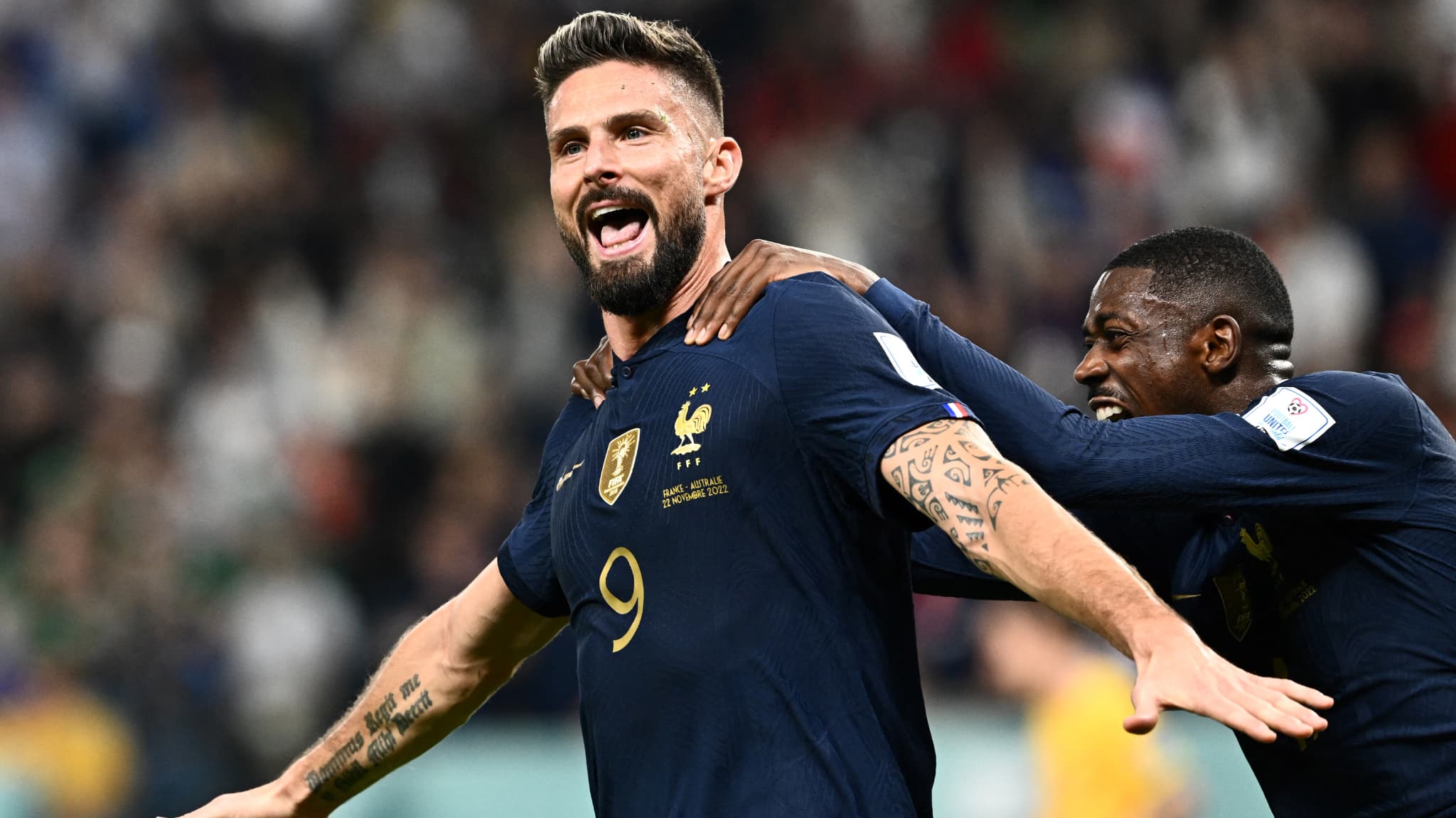 Olivier Giroud célèbre un but lors du match d'ouverture des Bleus au Mondial 2022 contre l'Australie Olivier Giroud célèbre un but lors du match d'ouverture des Bleus au Mondial 2022 contre l'Australie