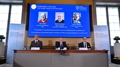 La conférence de presse de l'annonce des lauréats du prix Nobel de physique 2025 à l'Académie royale des sciences de Suède à Stockholm le mardi 7 octobre 2025, dont l'un des lauréats est le Français Michel H. Devoret.