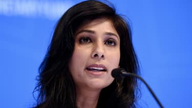 Gita Gopinath, économiste en chef du FMI, lors d'une conférence de presse le 15 octobre 2019 à Washington, DC.