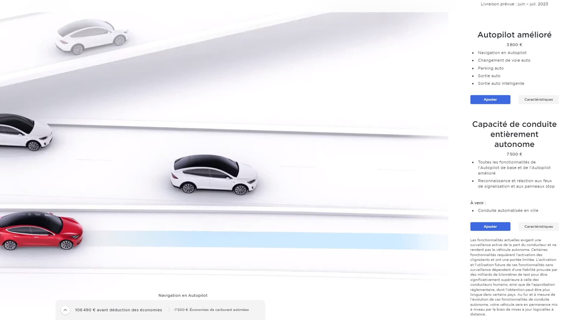 Les options "Autopilot amélioré" et "Capacité de conduite entièrement autonome" sur le configurateur Tesla d'une Model S en juin 2023.