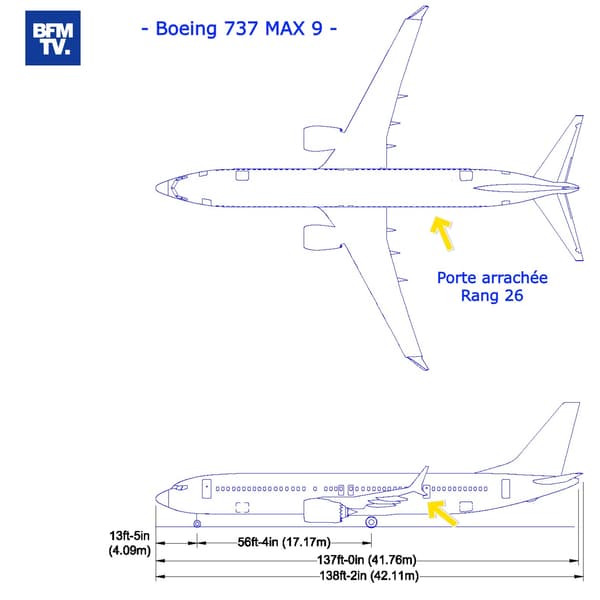 Plan du Boeing 737 MAX 9, modèle de l'accident du 5 janvier 2024 où une porte a été arrachée au rang n°26.
