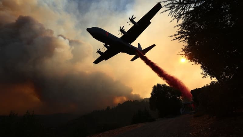 Un avion bombardier d'eau en train de lutter contre les incendies qui ravagent la Californie.