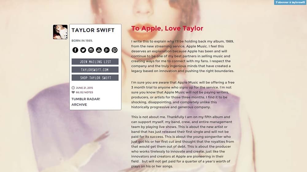 La lettre de Taylor Swift adressée à Apple. La lettre de Taylor Swift adressée à Apple.