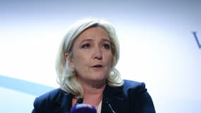 Marine Le Pen (RN) lors d'une conférence de presse, le 22 octobre 2021 à Bruxelles