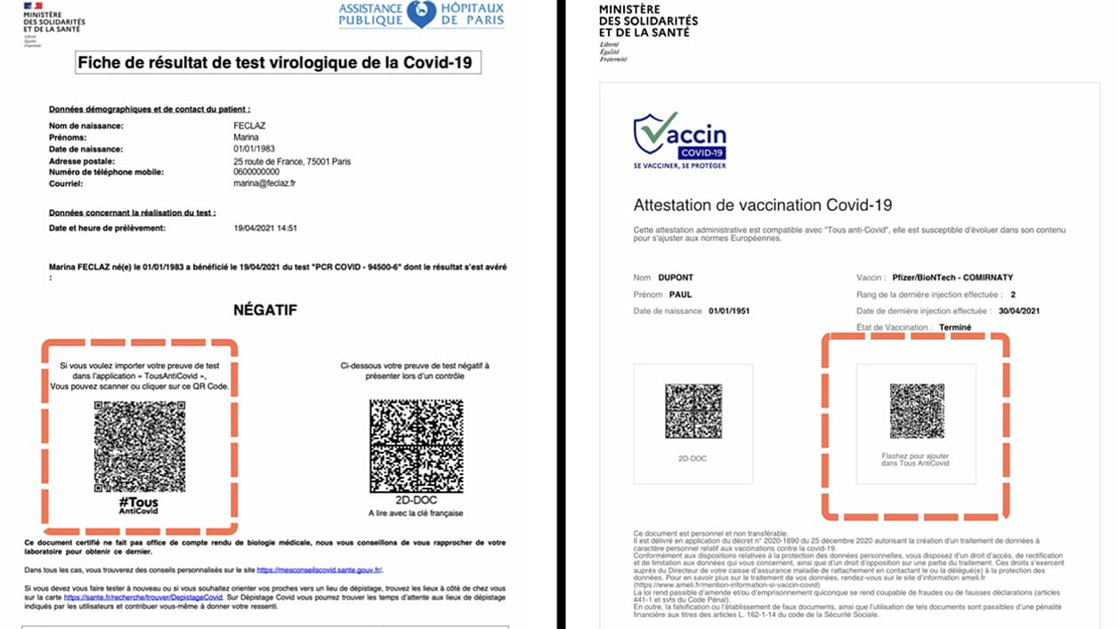 Les QR Codes sur les certificats de test et attestations de vaccination Les QR Codes sur les certificats de test et attestations de vaccination